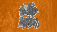a copper artifact in the shape of a human wearing a bird costume against an orange background