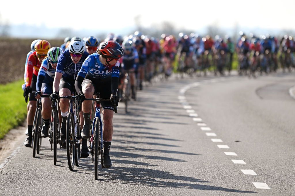 DOUR BELGIUM FEBRUARY 27 Marie Le Net of France and Team FDJ SUEZ leads the peloton during the 13th Le Samyn des Dames 2024 a 114km one day race from Quaregnon to Dour on February 27 2024 in Dour Belgium Photo by Luc ClaessenGetty Images