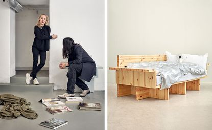 Left: Bengt Thornefors and Nina Norgren. Right: a pine-framed bed with neutral bedding
