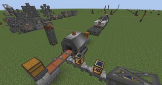 Minecraft Mods - Immersive Engineering - A conveyer belt and power is laid out on the grass