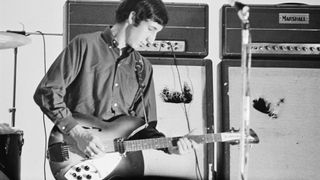 Pete Townshend performing with English rock group The Who, in Felixstowe, Suffolk, 9th September 1966. 
