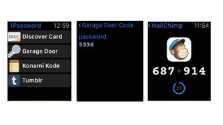 Skjermbilder fra appen 1Password på en Apple Watch.