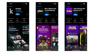 Screenshots of the Kanopy, Plex and Tubi apps on the iOS App Store taken with an iphone.