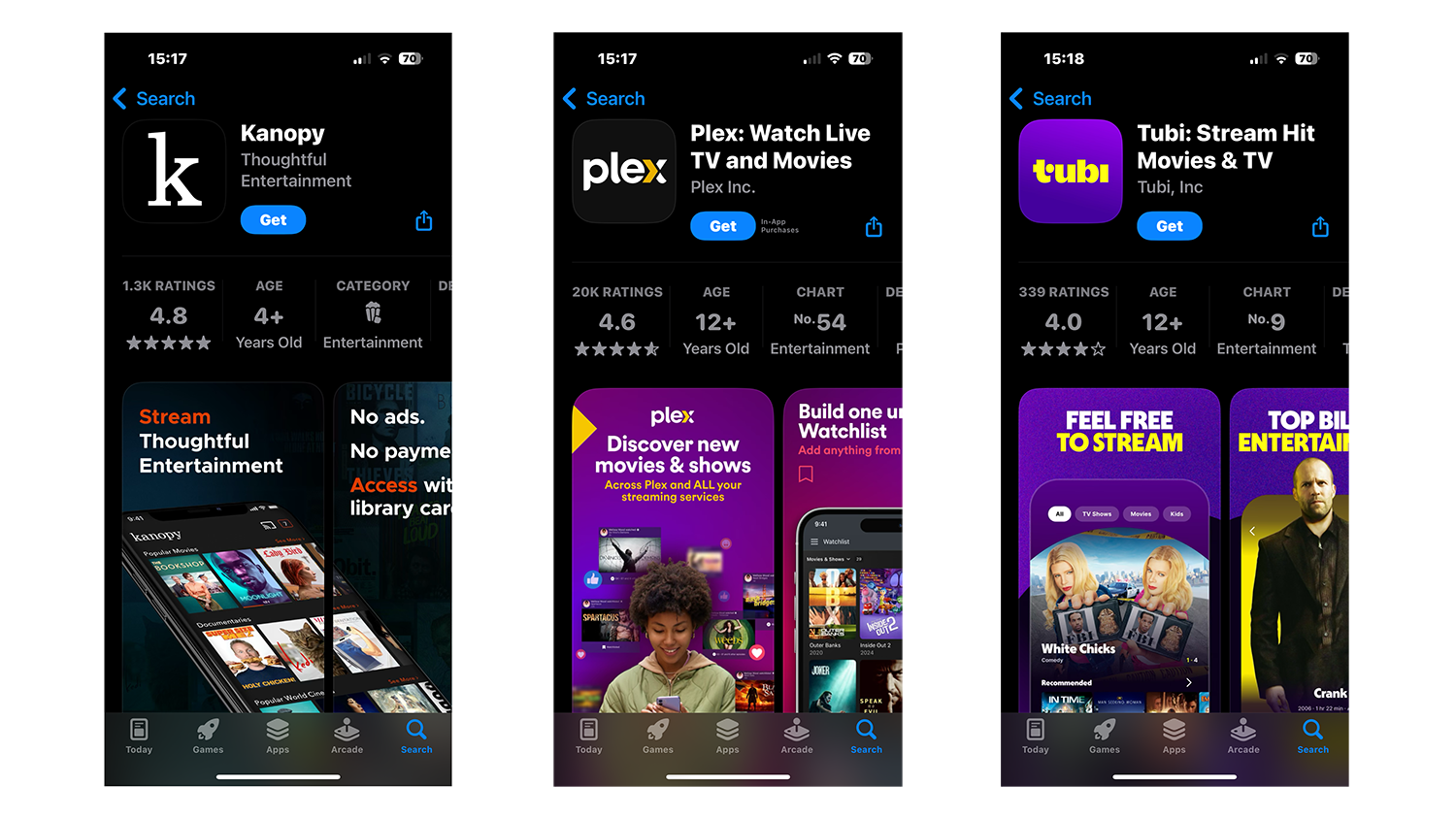 Screenshots of the Kanopy, Plex and Tubi apps on the iOS App Store taken with an iphone.