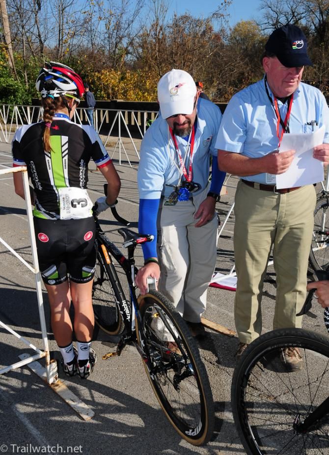 Officials check the tire width of Kaitie Antonneau (Cannondale)