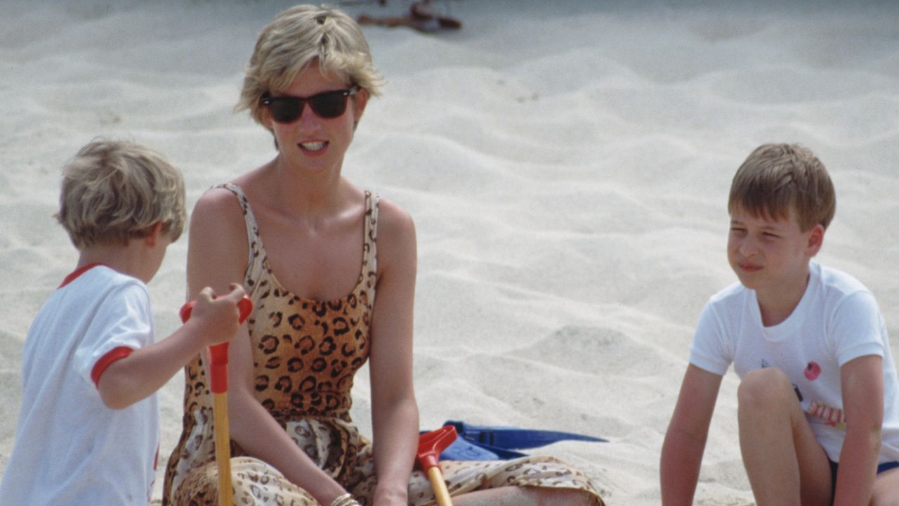 Princess Diana in a leopard print bathing suit sitting on a beach with Prince William and another child