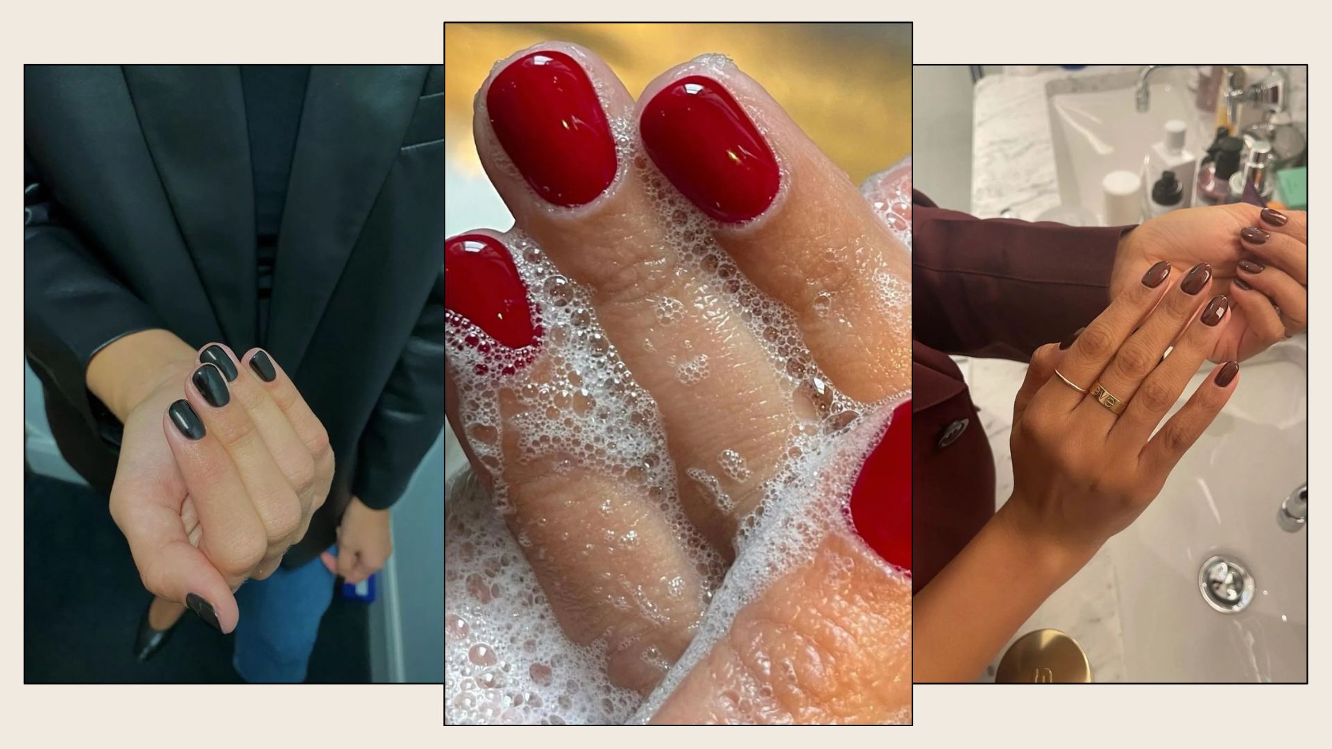 A collage of black, red and brown manicures