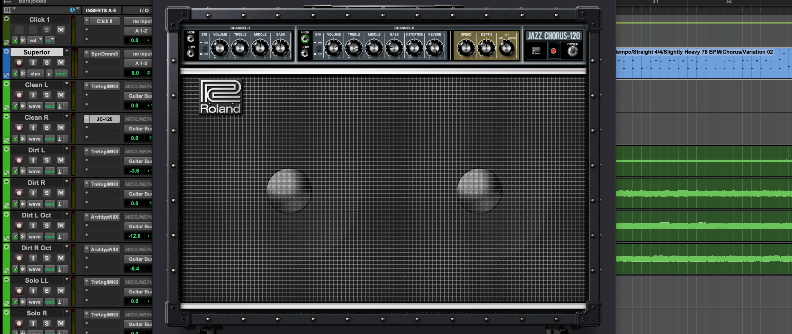 A screenshot of a Roland JC-120 Jazz Chorus plugin running in Pro Tools