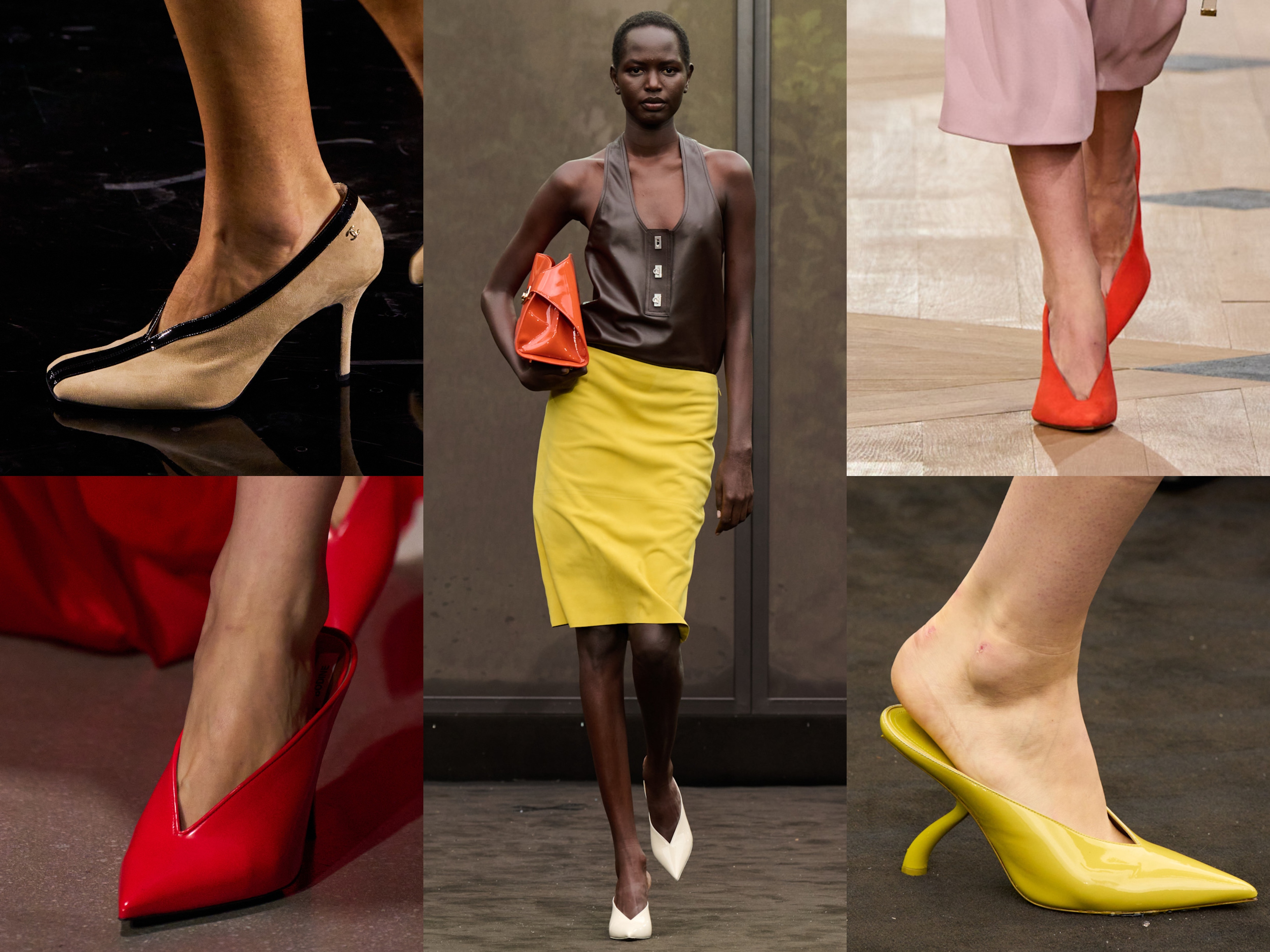 collage of V-shapes shoes on the runways of chanel, stella mccartney, ferragamo, and balenciaga