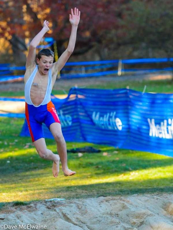 Some young racers decided to have a long-jump contest in the sand pit once the bike race concluded.