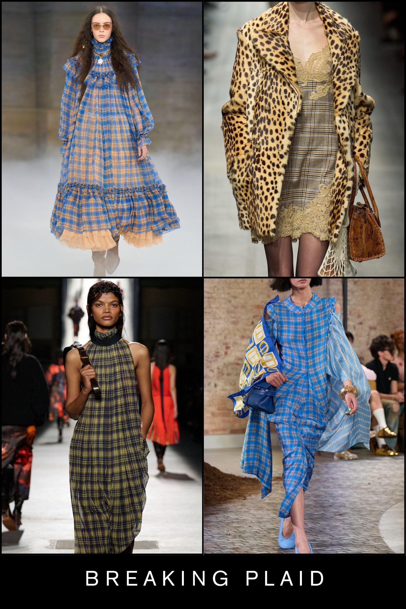 anti-trouser trends: collage of models wearting plaid dresses on the Chloe, Ermanno Scervino, Dries Van Noten, and Moschino runways