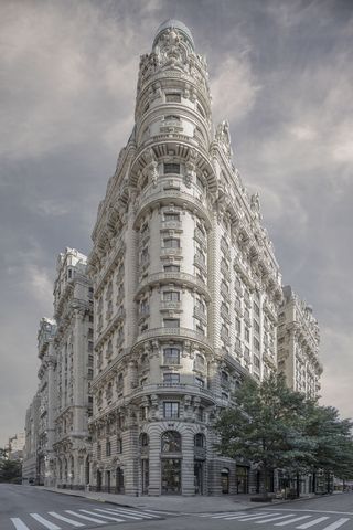 Exterior corner view of The Ansonia with great stone work