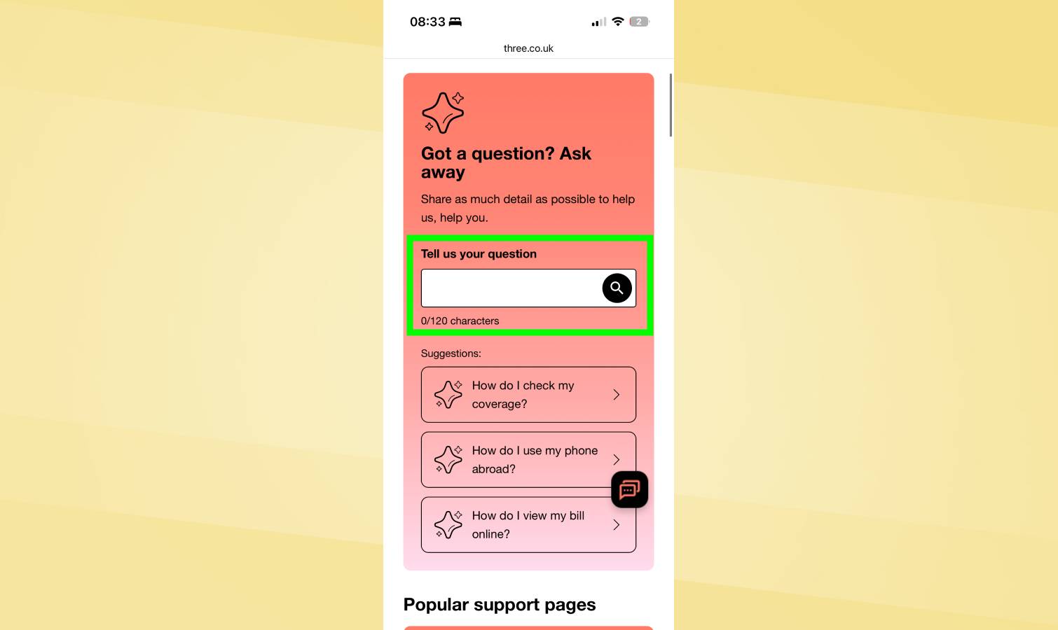 3 Live Chat page on iPhone