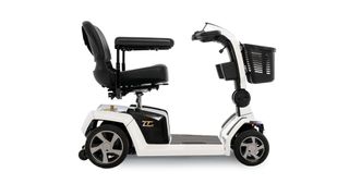 The Pride Mobility ZT10 power scooter, shown in Pearl White with a folding seat covered in black vinyl