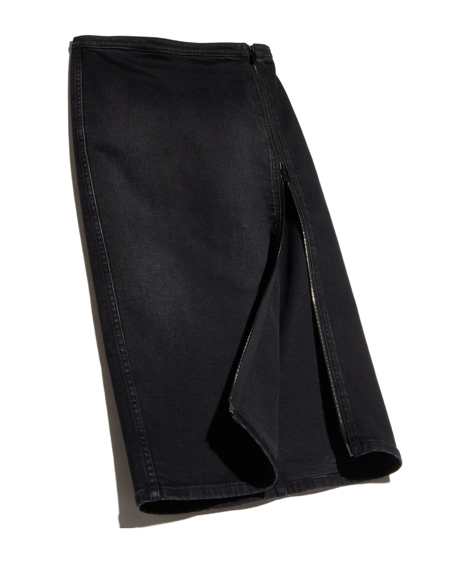 An image of a black denim stretch side zip midi skirt from Gucci