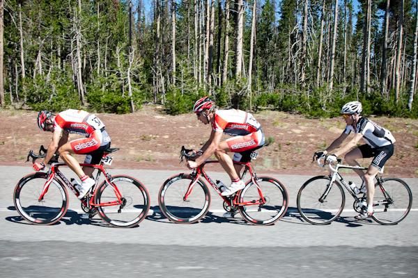 Right after the start Tom Zirbel (Bissell), teammate Birk Swindlehurst and Jonathan Garcia (BMC) get up the road.