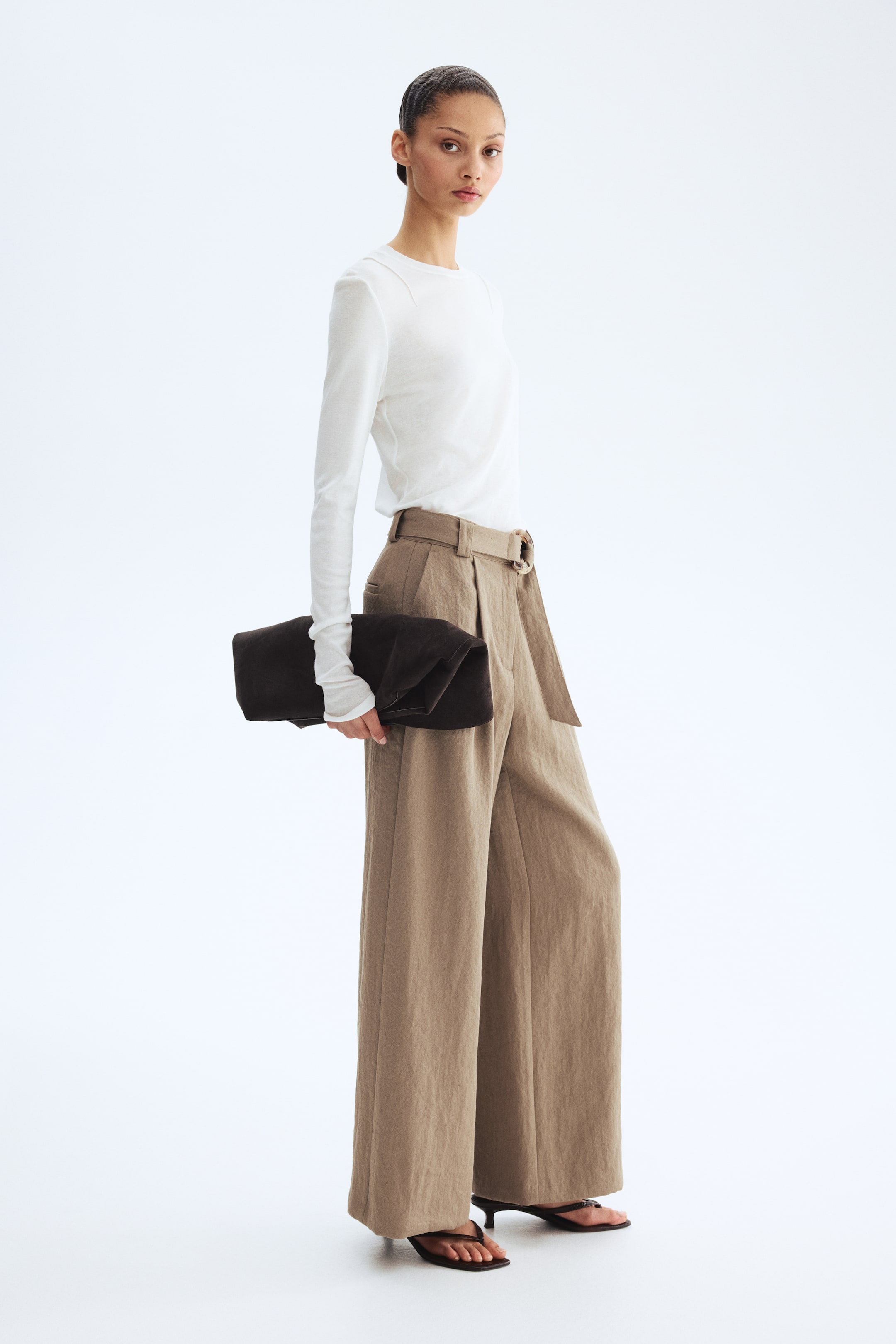 Wide Belted Trousers - Dark Mole