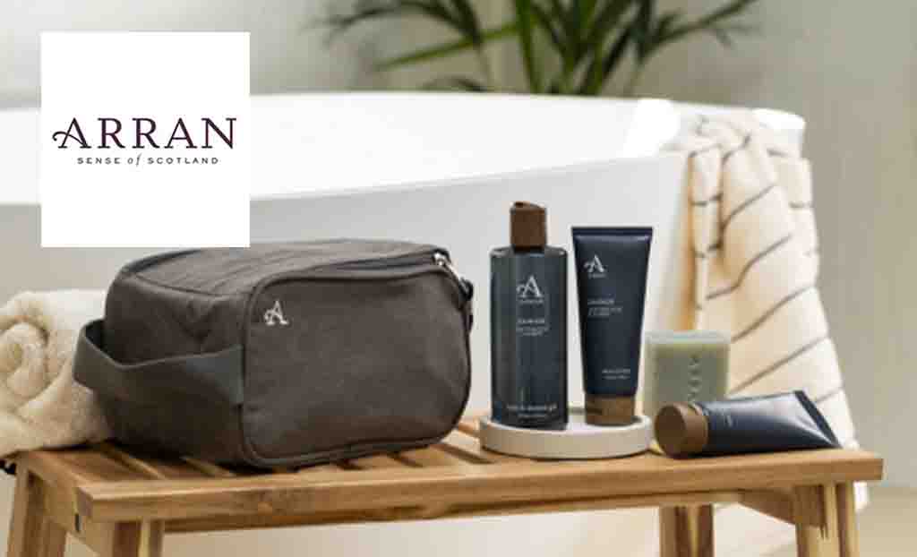 Arran logo placed over an image of mens beauty products