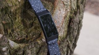 Fitbit Charge 4 dangling from a tree branch