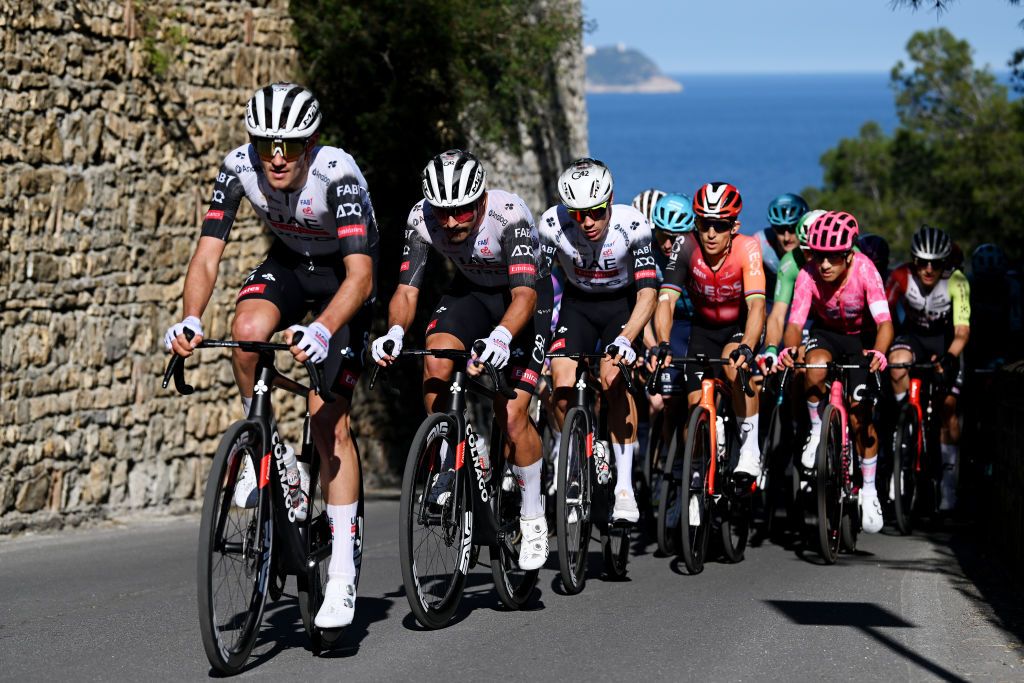 LAIGUEGLIA ITALY MARCH 05 LR Igor Arrieta Lizarraga of Spain Antonio Tomas Morgado of Portugal and Juan Ayuso Pesquera of Spain and UAE Team Emirates XRG lead the peloton during the 62nd Trofeo Laigueglia 2025 a 197km one day race from Laigueglia to Laigueglia on March 05 2025 in Laigueglia Italy Photo by Dario BelingheriGetty Images
