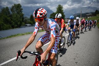 Lidl - Trek's Italian rider Giulio Ciccone wearing the best climber's polka dot (dotted) jersey leads a breakaway during the 17th stage of the 110th edition of the Tour de France cycling race, 166 km between Saint-Gervais Mont-Blanc and Courchevel, in the French Alps, on July 19, 2023. (Photo by Marco BERTORELLO / AFP)