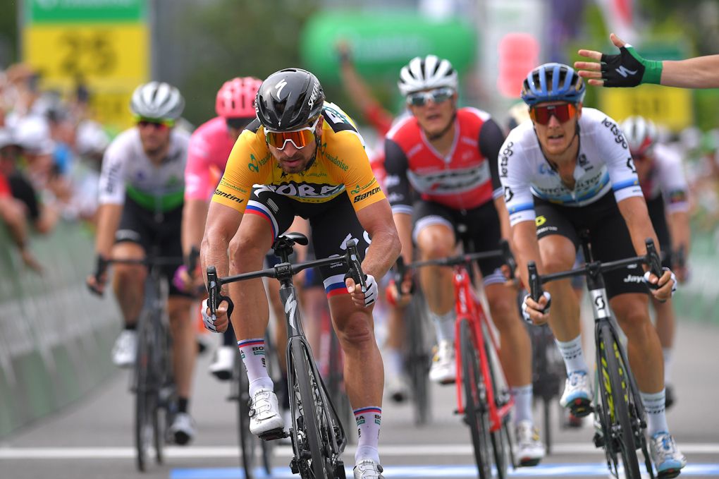 Peter Sagan takes third with a bike throw during stage 4 at Tour de Suisse