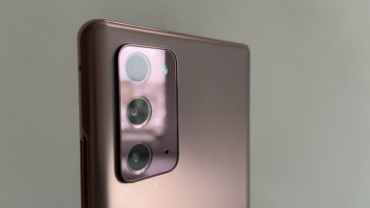 A closeup of the Samsung Note 20's triple-lens camera