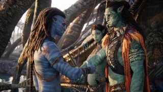A still of two Na'vi embracing from the Avatar: The Way of Water movie