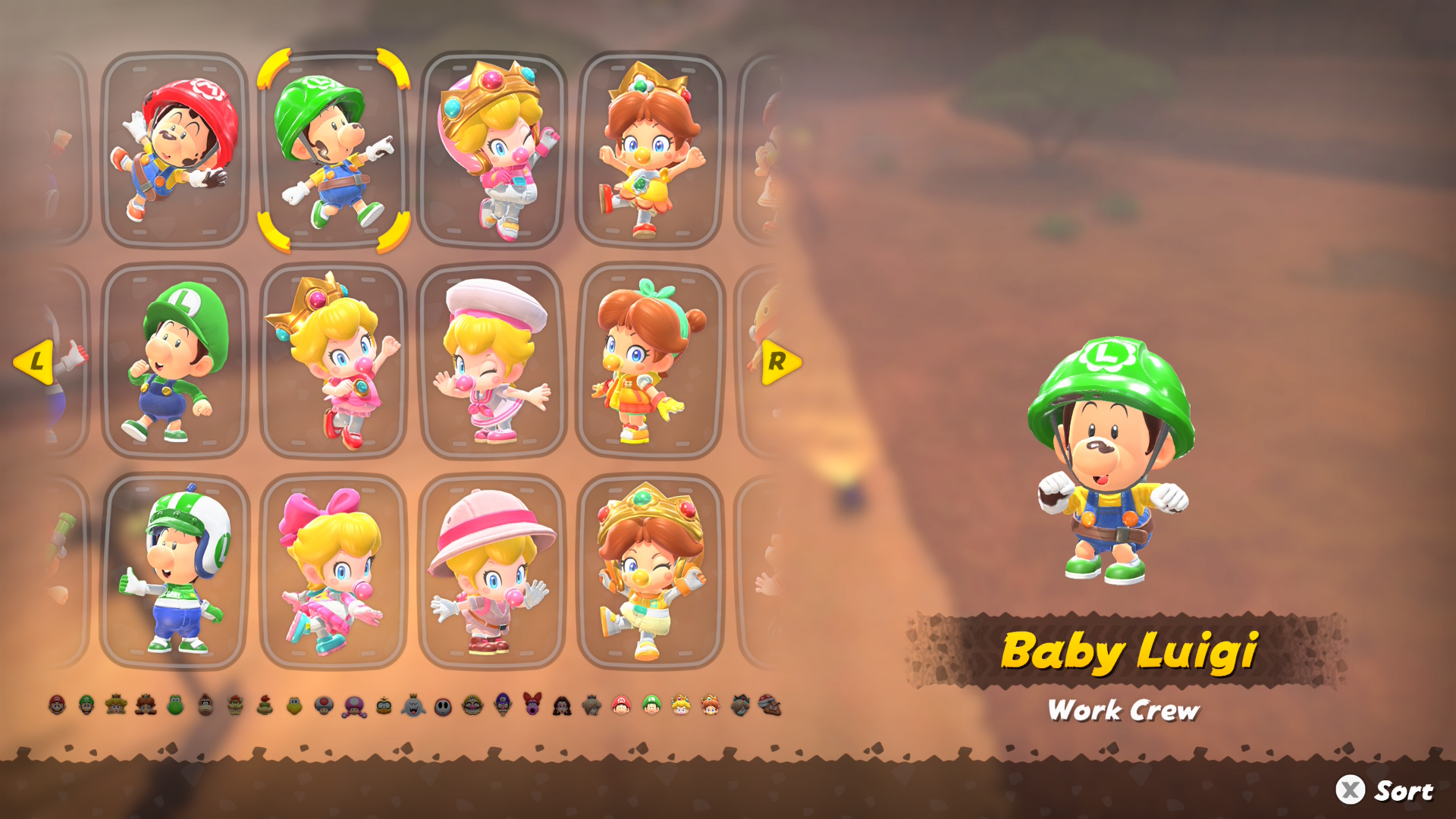 Mario Kart World Baby Luigi outfits including work crew