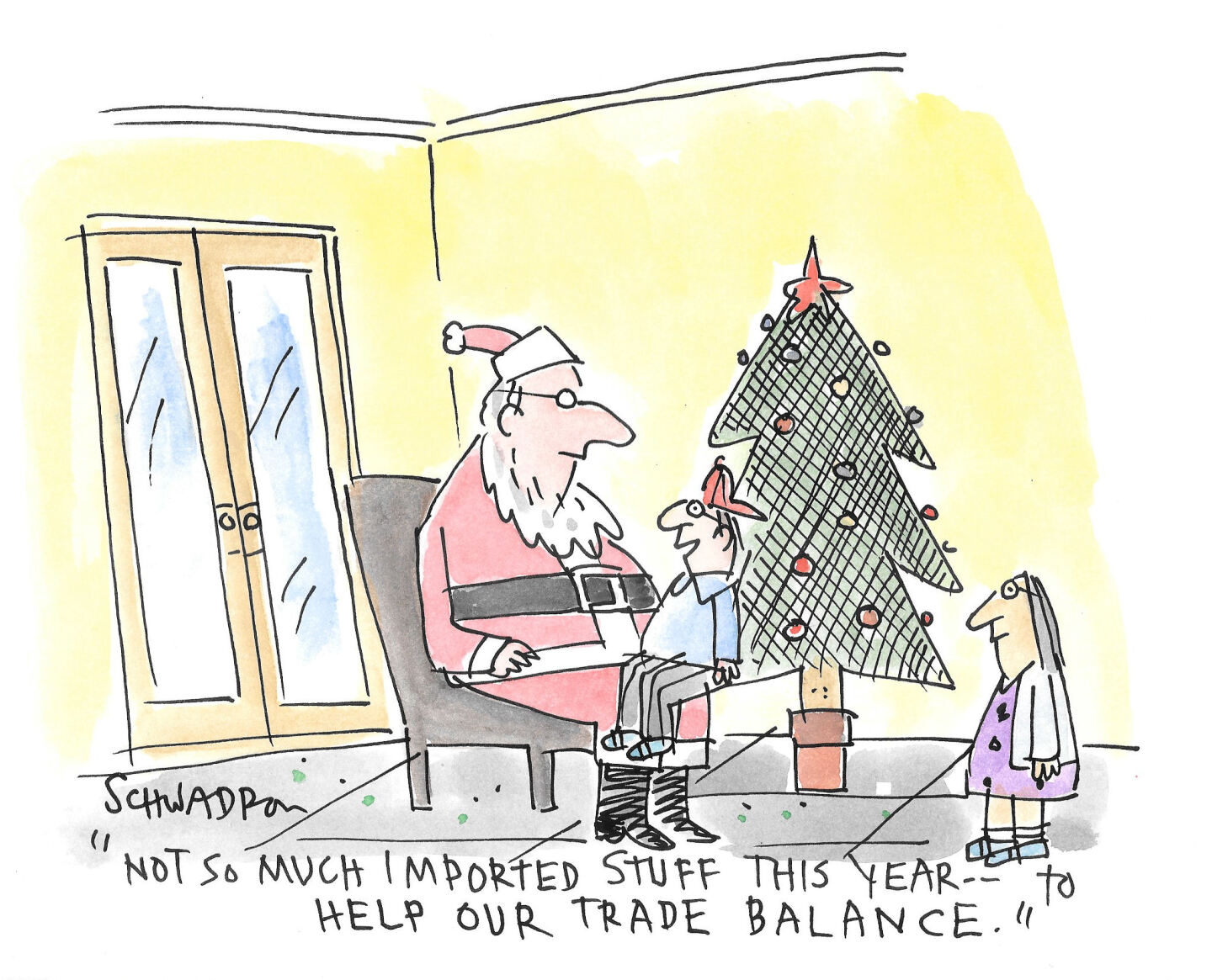 A boy sits on Santa&amp;rsquo;s lap. His sister is nearby and so is a Christmas tree. The boy says to Santa, &amp;ldquo;Not so much imported stuff this year &amp;ndash; to help our trade balance.&amp;rdquo;