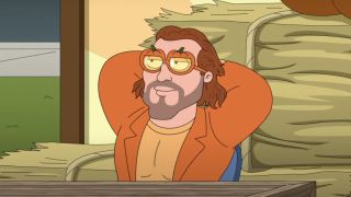 Glen Powell as Patrick McCloskey wearing all orange and pumpkin-shaped glasses on Family Guy