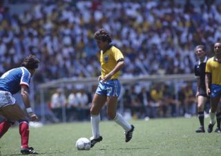 Zico on the ball for Brazil against France at the 1986 World Cup.