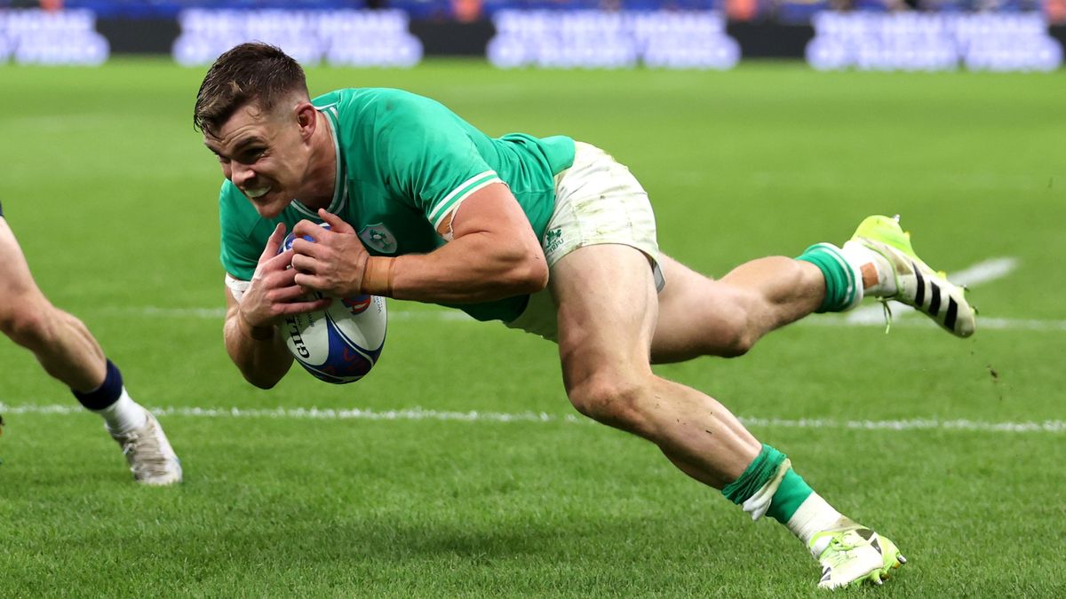 Garry Ringrose of Ireland scores ahead of the Ireland vs New Zealand live stream.