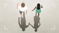 Illustration of a couple walking side by side while their shadows hold hands behind them, illustrating how to stop being codependent