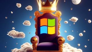 Microsoft logo seated on a throne with a crown