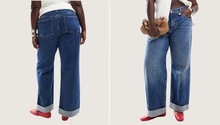 Two images side by side of woman wearing denim jeans