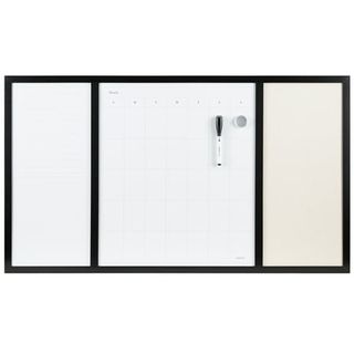 A black framed whiteboard split into three sections with a bank monthly calendar, a pin board, and a blank writing space