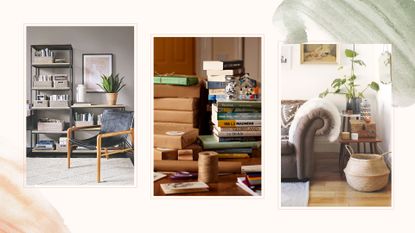 compilation image on a painterly background showing living rooms with shelves of 'stuff' piles of books and a storage basket 