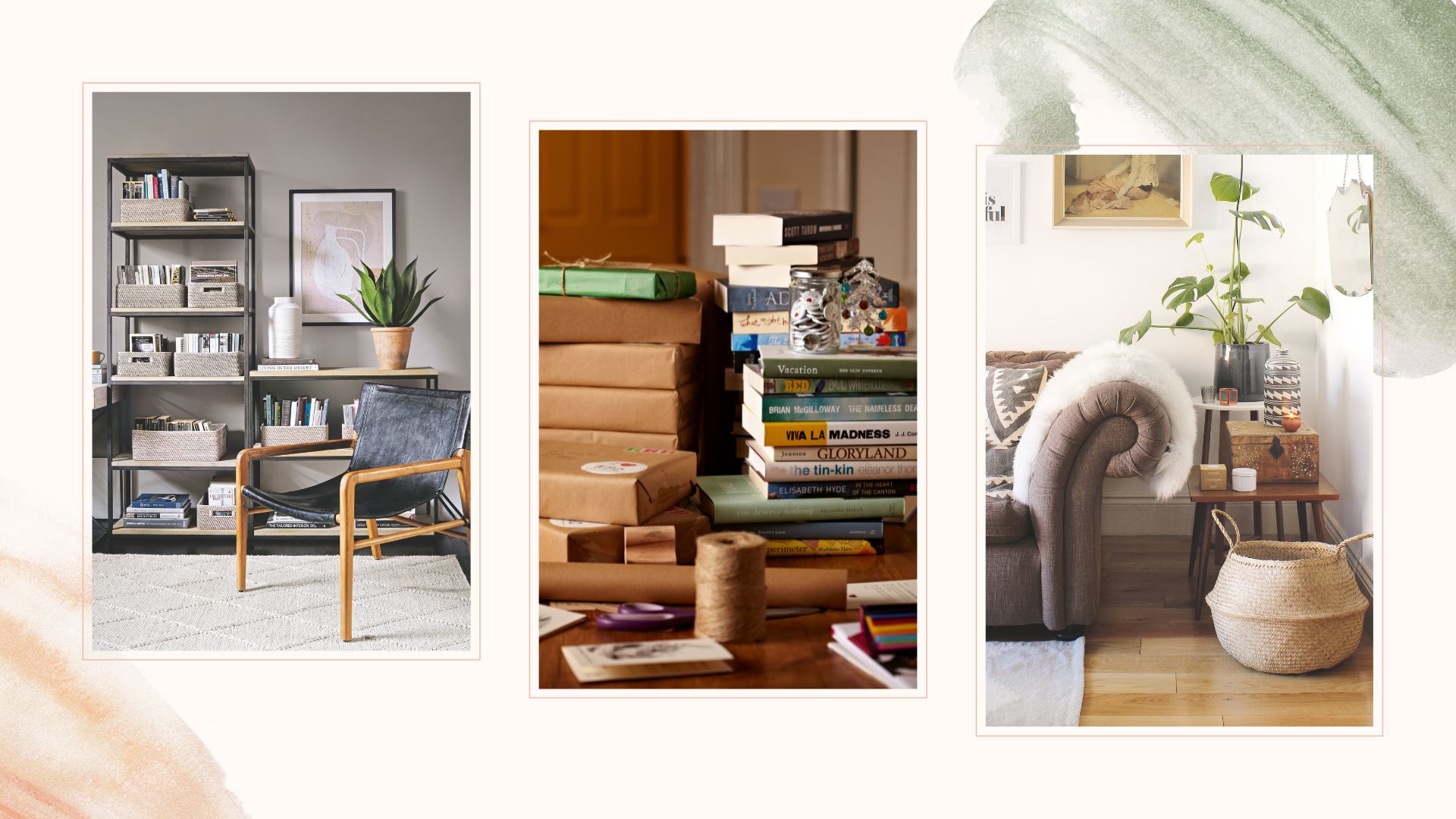 compilation image on a painterly background showing living rooms with shelves of 'stuff' piles of books and a storage basket