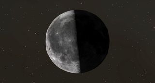 night sky graphic showing a half illuminated face of the moon with the left in the light and the right in the dark.