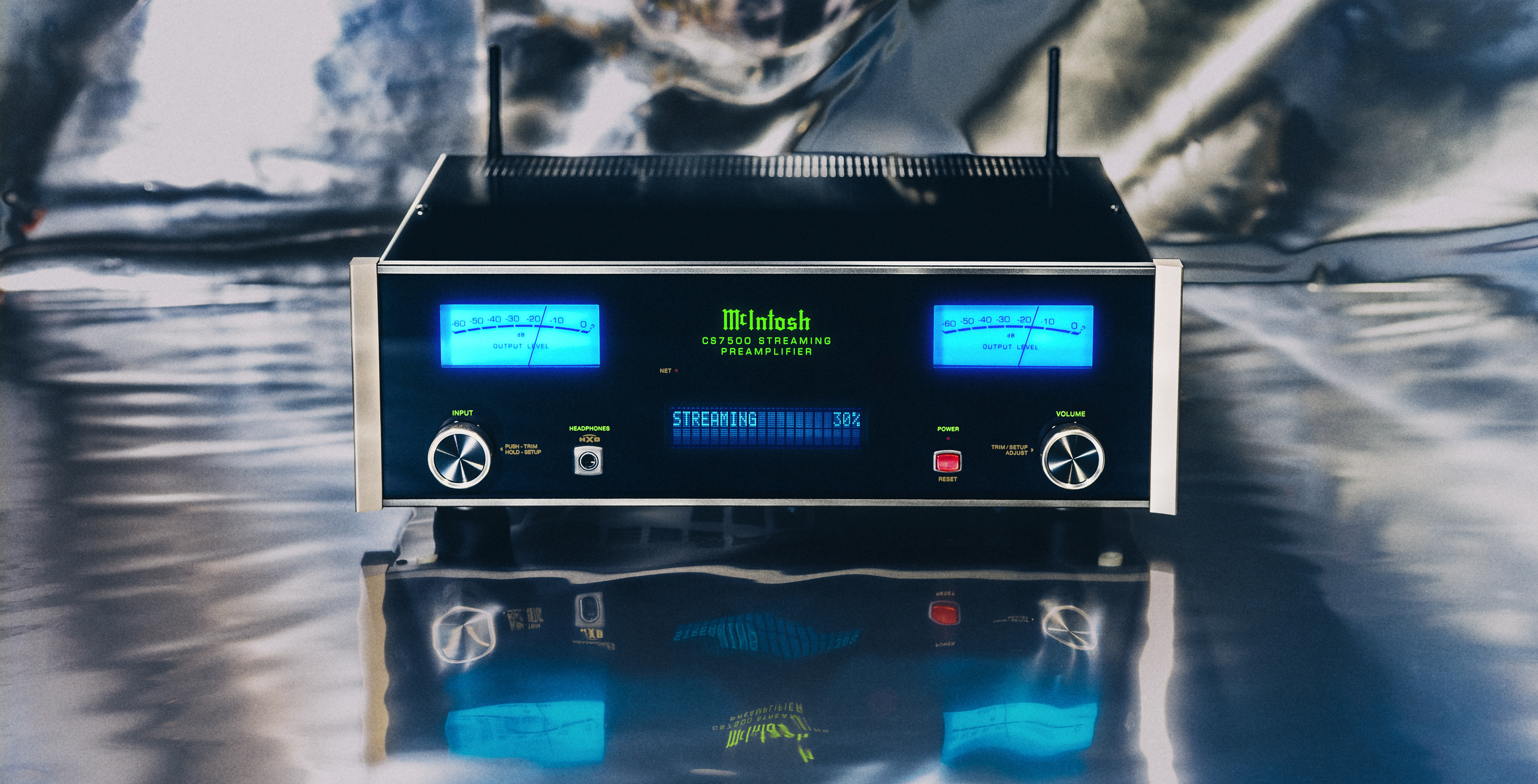 McIntosh CS7500 streaming preamp on a shiny foil backdrop