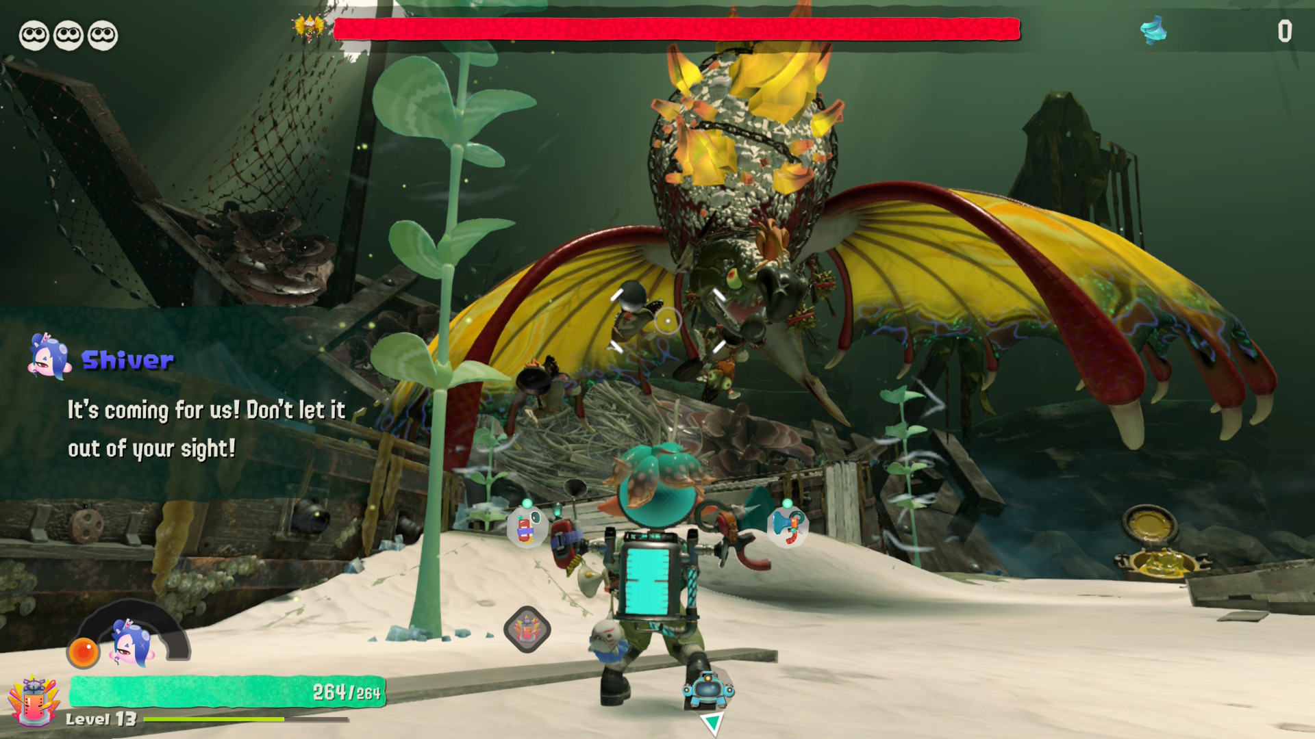 A screenshot showing The Mechanic about to face off against a boss in Splatoon Raiders
