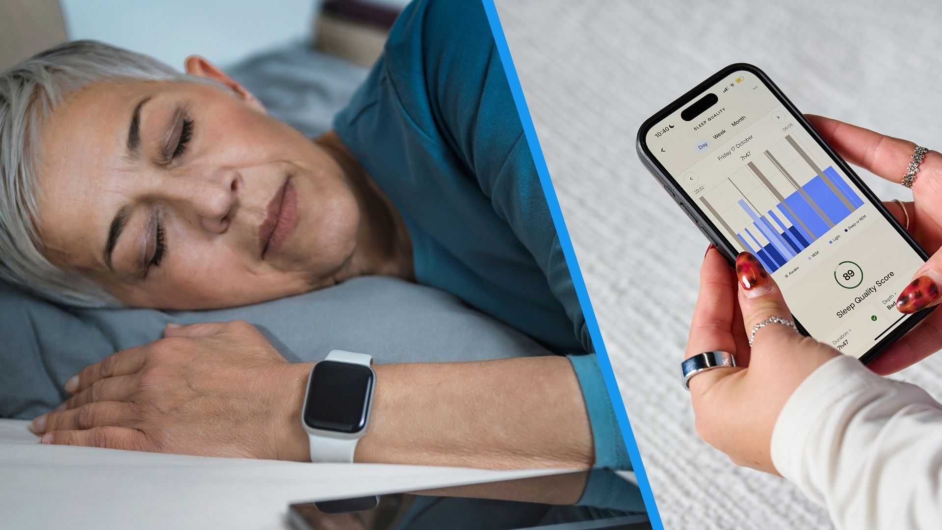 A split screen of two images. The left image shows a grey-haired mature woman sleeping while wearing a sleep tracker on her wrist. The right image shows a woman's hand looking at sleep-tracking metrics on her smartphone.