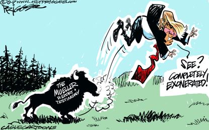 Political Cartoon U.S. Mueller Testimony Charging Bull Trump Exoneration Denial