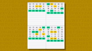 Quordle daily sequence answers for game 672 on a yellow background