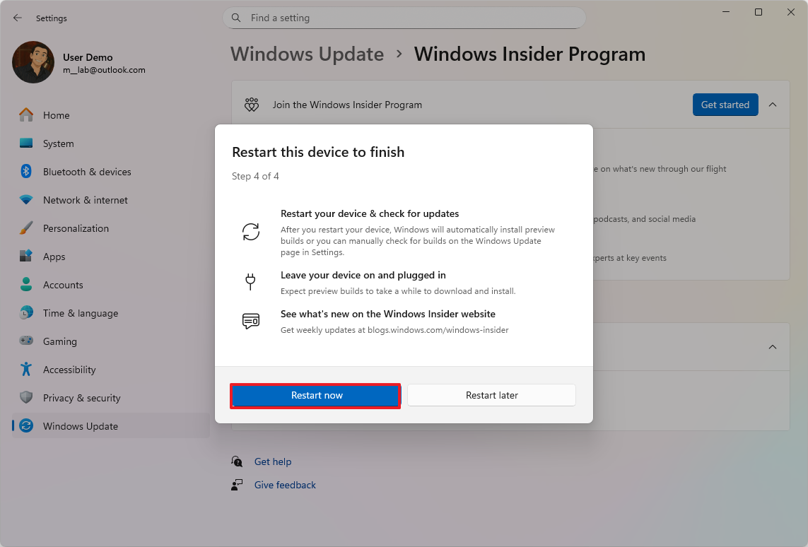 Windows Insider Program restart option