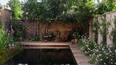 natural pool surrounded by greenery in a paved London garden with a brick wall and an ivy covered wall around it 