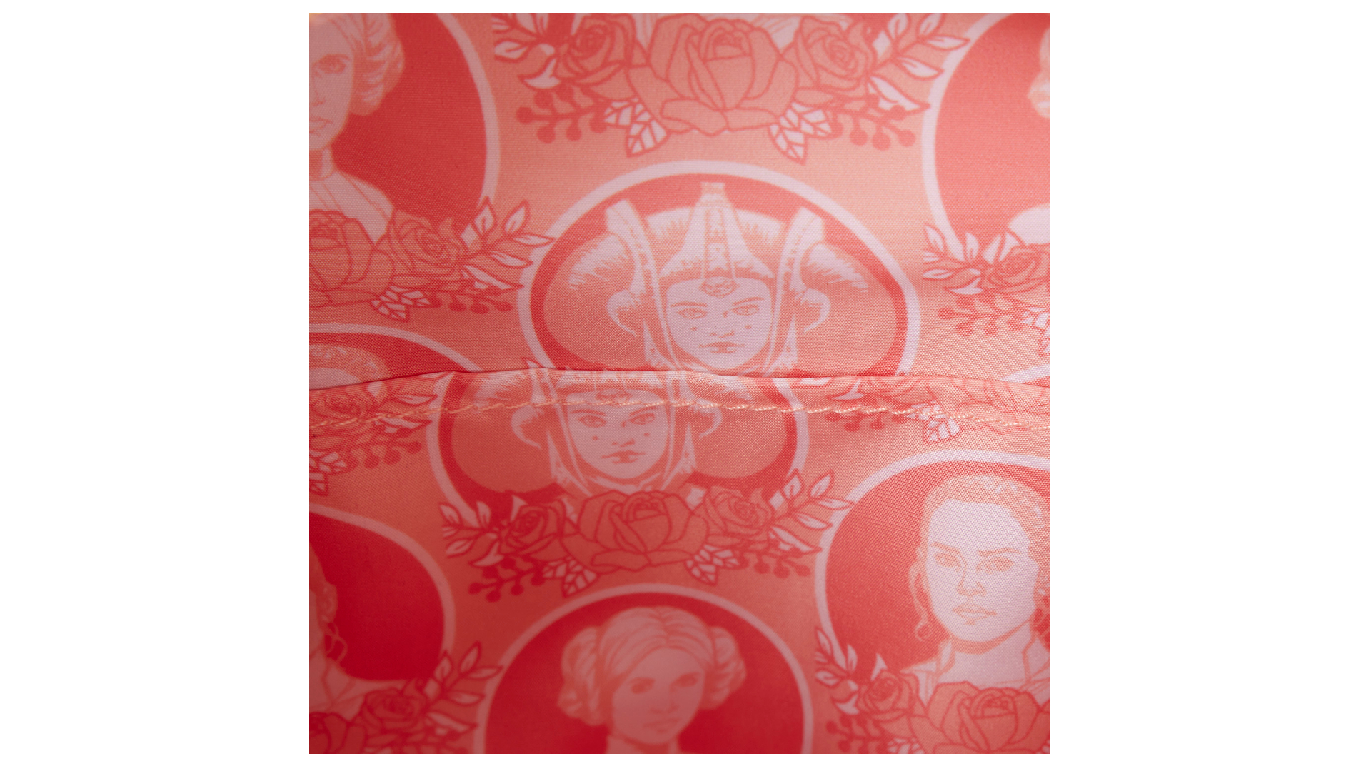 Star Wars Loungefly Mini Backpack with Leia, Rey, and Padme on a plain background