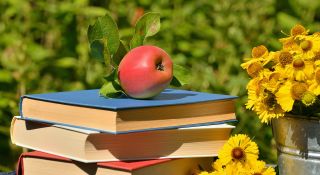 A pile of books with a fresh apple on top of them.