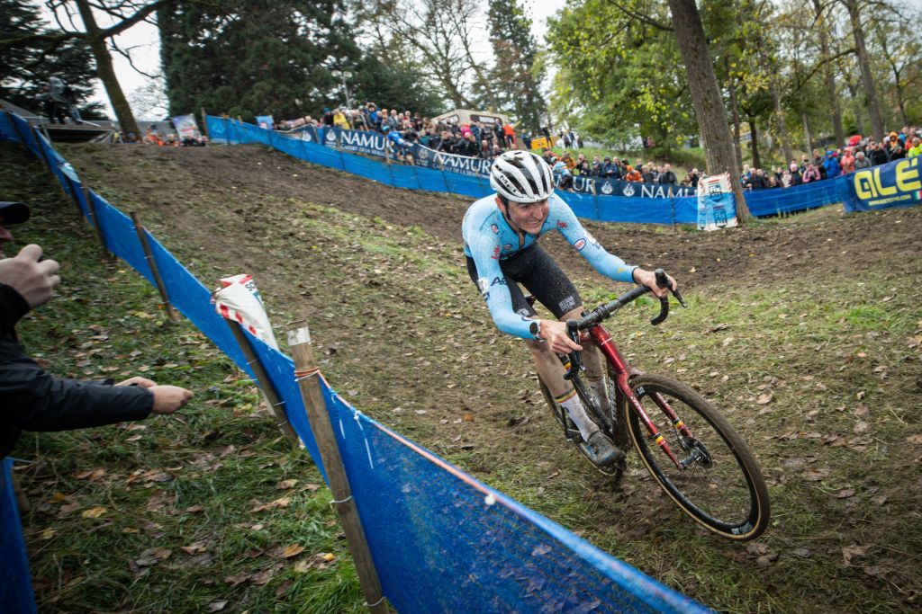 Belgian Emiel Verstrynge pictured in action during the U23 mens race at the European Championships cyclocross cycling Saturday 05 November 2022 in Namur Belgium BELGA PHOTO DAVID PINTENS Photo by DAVID PINTENS BELGA MAG Belga via AFP Photo by DAVID PINTENSBELGA MAGAFP via Getty Images